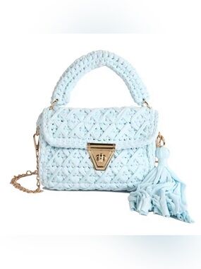 Macy's Light Blue Woven Tassel Top-Handle Crossbody Bag